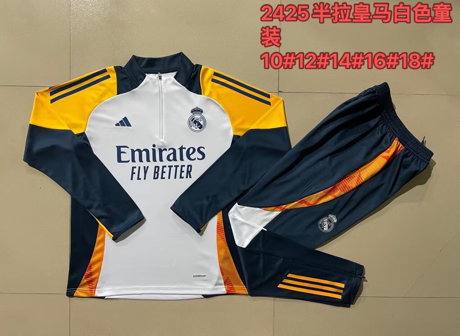 Kids Real Madrid 24/25 Tracksuit - White/Yellow/Navy Blue